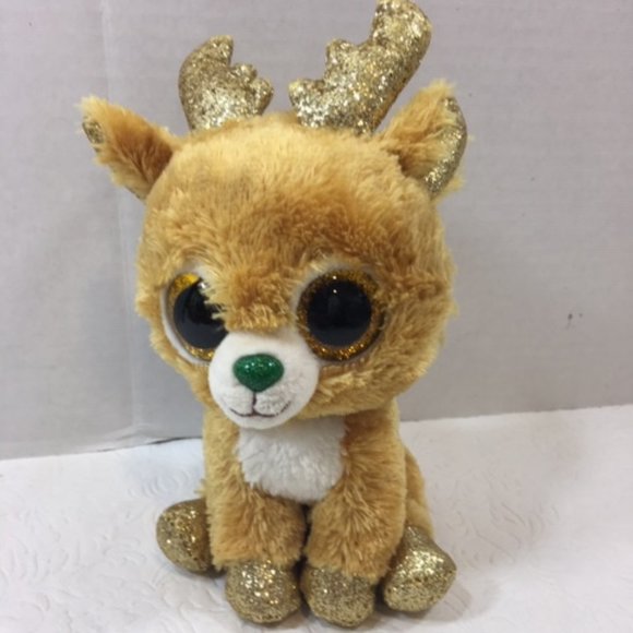 TY Beanie Boo "Glitzy" Reindeer Gold Glitter Eyes 2018 TySilk No Tags 7.5" - Picture 1 of 4